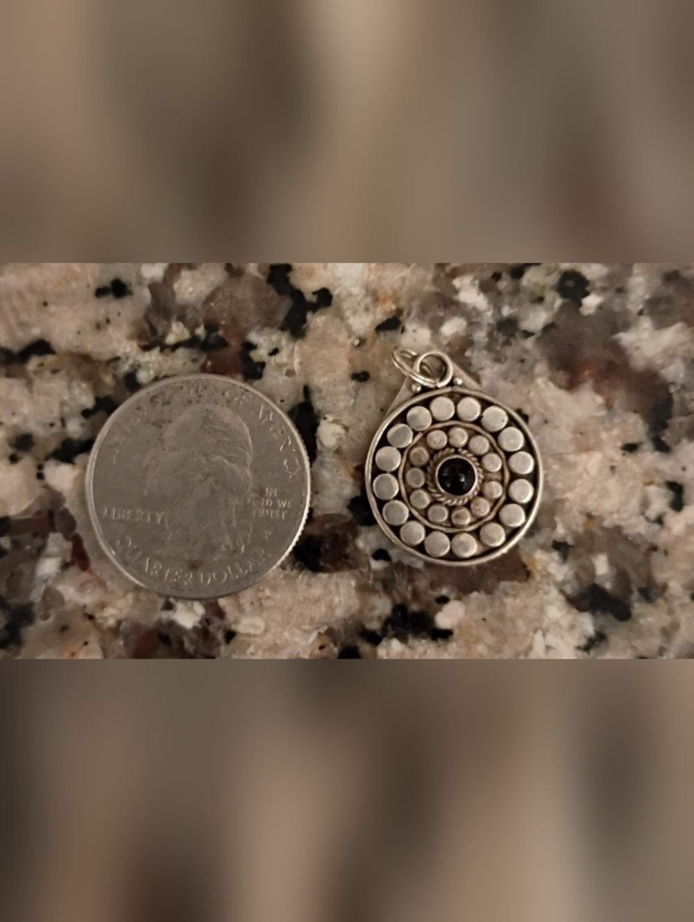Silver Tone Circular Dot Pendant with Black Center Stone
